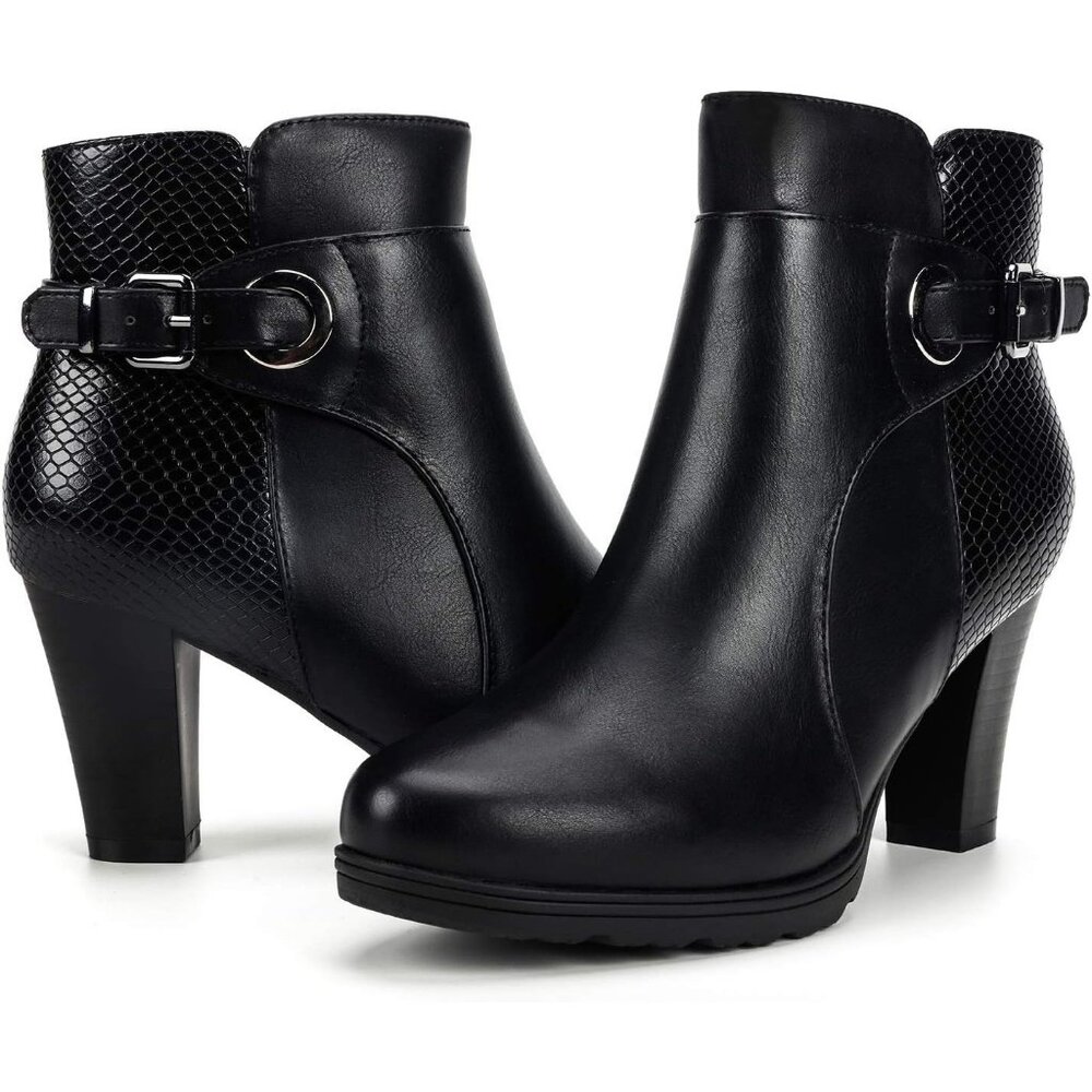 mysoft Ankle Boots Women's Black Polyurethane Buckle Strap Chunky Stacked Heel